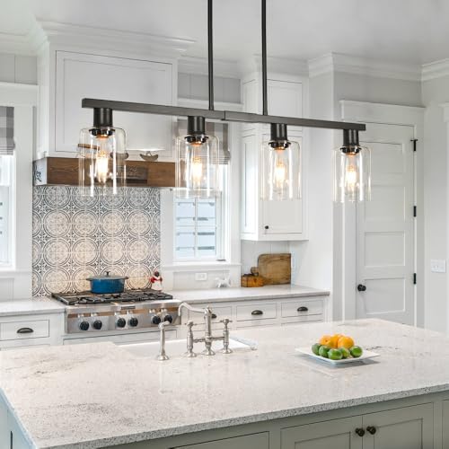 4-Light Kitchen Island Lighting, Black Simplicity Bar Island Lights for Kitchen, Farmhouse Chandelier with Adjustable Height & Clear Glass Shades, Linear Hanging Dining Room Light Fixture Over Table