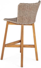 Saiveina Lymington Outdoor Bar Stool, Teak Finished Wood with Light Brown Wicker, Set of 2
