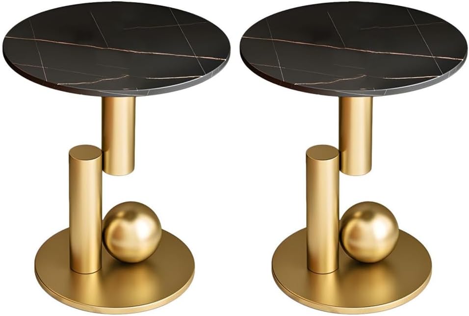 Modern Round Slate Top Side Table 21.5" Tall Iron Abstract Base End Table Nightstand Sofa Table for Small Space -Set of 2, Black Top Gold Base, 19.5" L x 19.5" W x 21.5" H