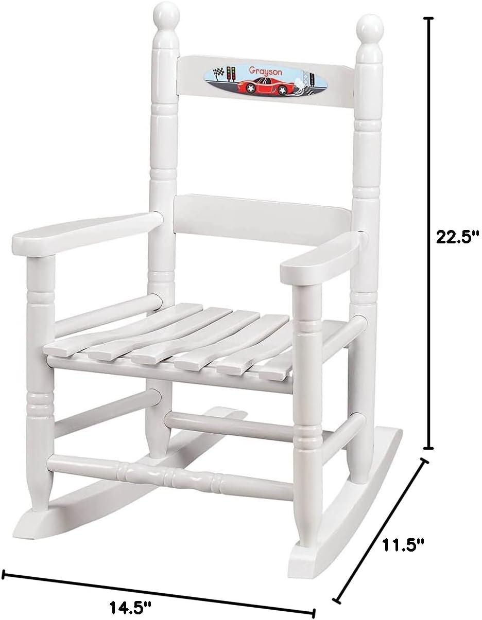 Fox Valley Traders Custom Childrens Rocking Chair, Features Classic Rocker Design and Hardwood Construction, White Finish with Racecar Design