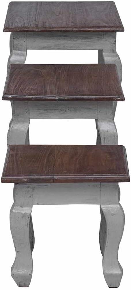 4-Piece Solid Mahogany Wood Nesting Table Set in Brown and White with Stands for Living Room, Vintage Style Stackable Side Tables for Space Saving Design