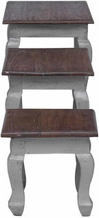 4-Piece Solid Mahogany Wood Nesting Table Set in Brown and White with Stands for Living Room, Vintage Style Stackable Side Tables for Space Saving Design