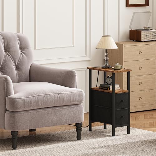 Narrow Side Table for Small Spaces, Skinny End Table with Charging Station, Sofa Beside Table with 2 Drawers 1 Open Compartment, Slim Nightstand with USB Ports Outlet, Rustic and Brown UTBT005FV2