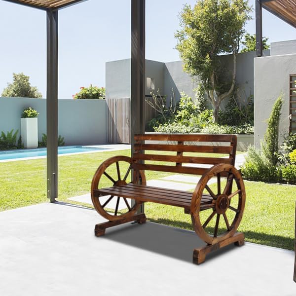 Rustic 2 Person Wooden Wagon Wheel Outdoor Bench, Solid Fir Wood Patio Garden Bench with Slatted Seat & Backrest, Brown Vintage Yard Leisure Chair
