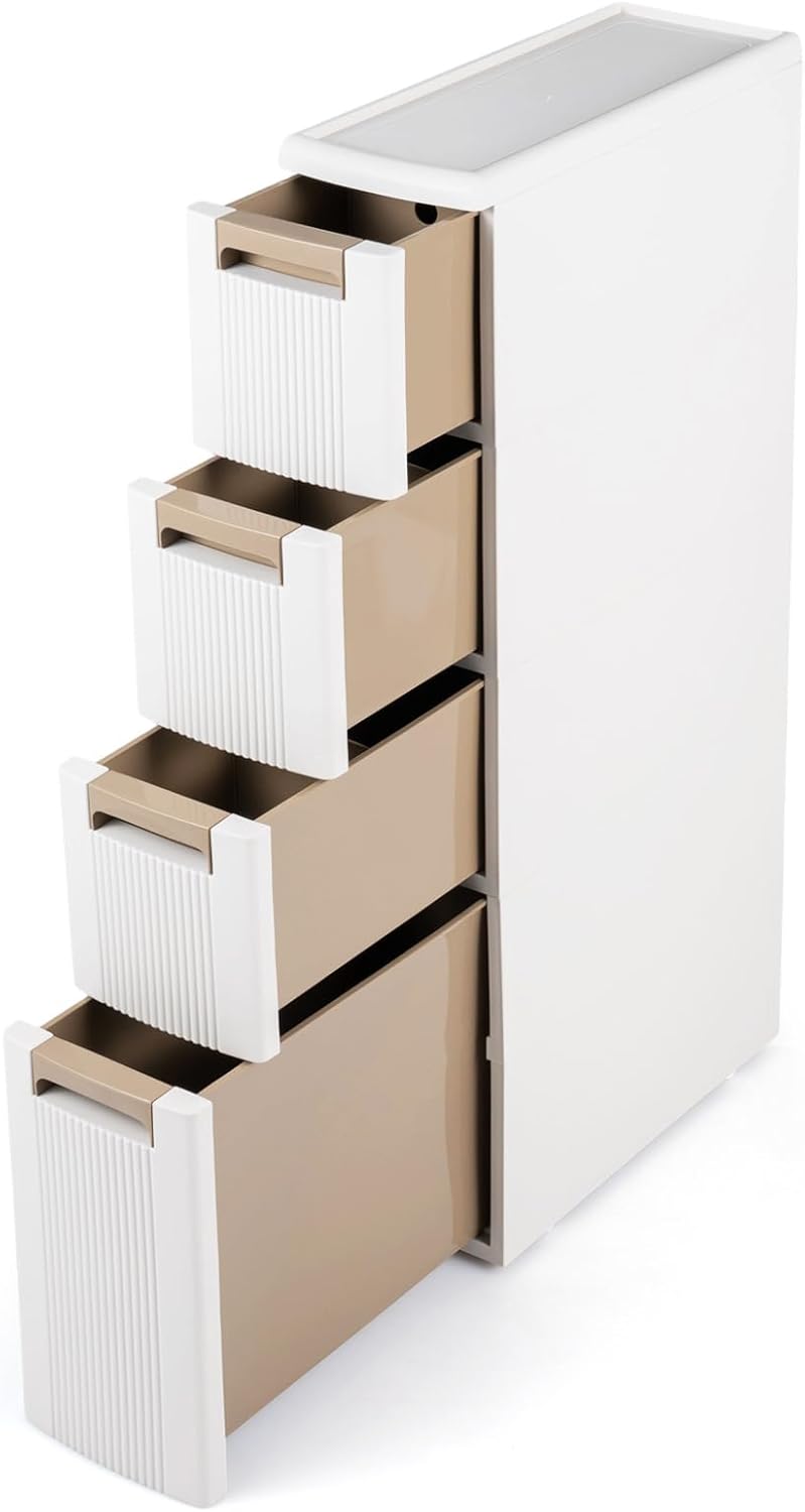 Giantex 4-Tier Narrow Storage Cabinet, Slim Rolling Cart with 4 Drawers & 3 Removable Dividers, Plastic Storage Organizer with Wheels for Small Spaces Bathroom Kitchen