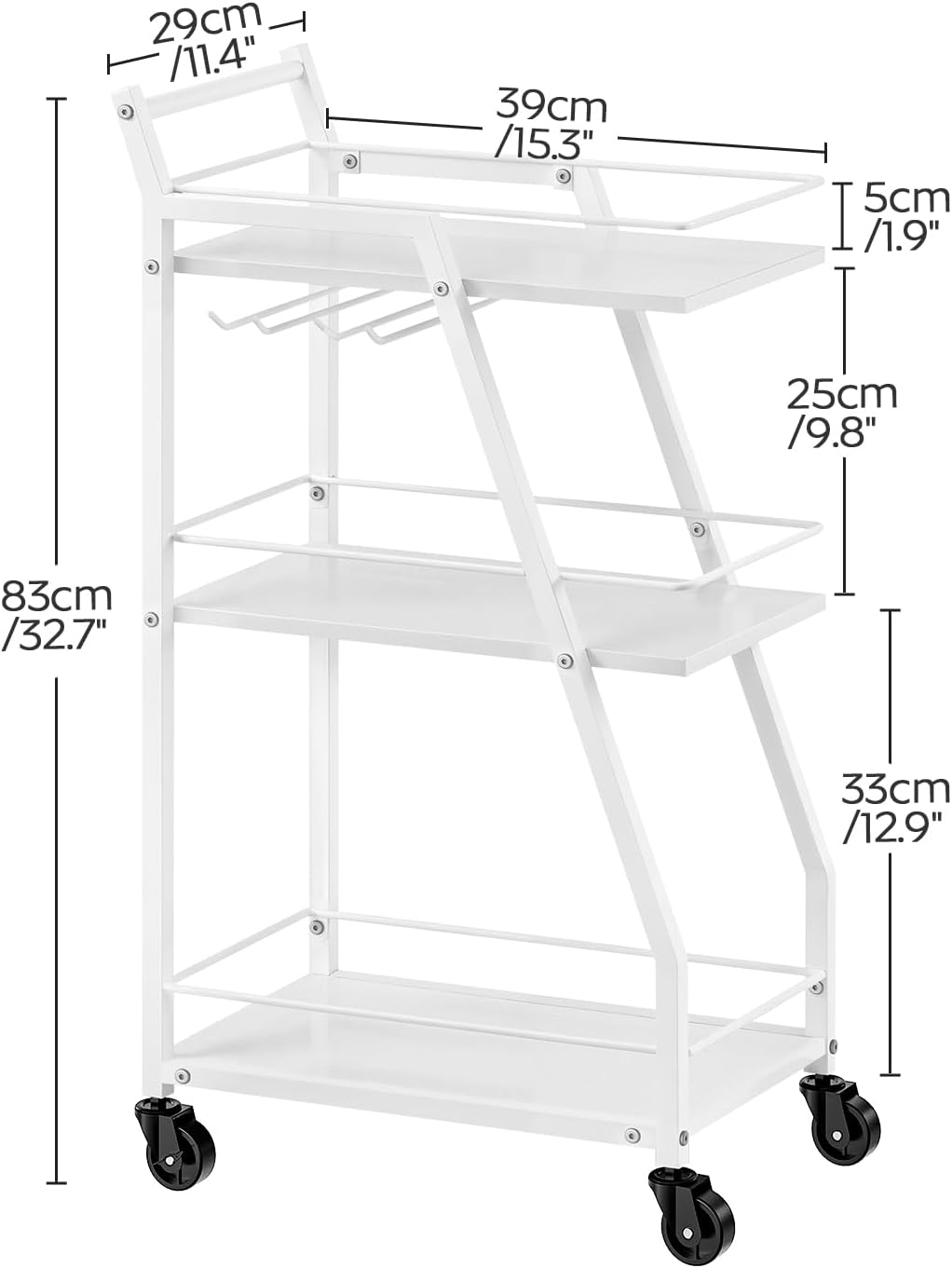 YATINEY Bar Cart, 3-Tier Home Bar Serving Cart with Wheels, Drink Cart with Glass Holder, Beverage Cart, Rolling Kitchen Cart, for Home, Living Room, White and White BC03WW