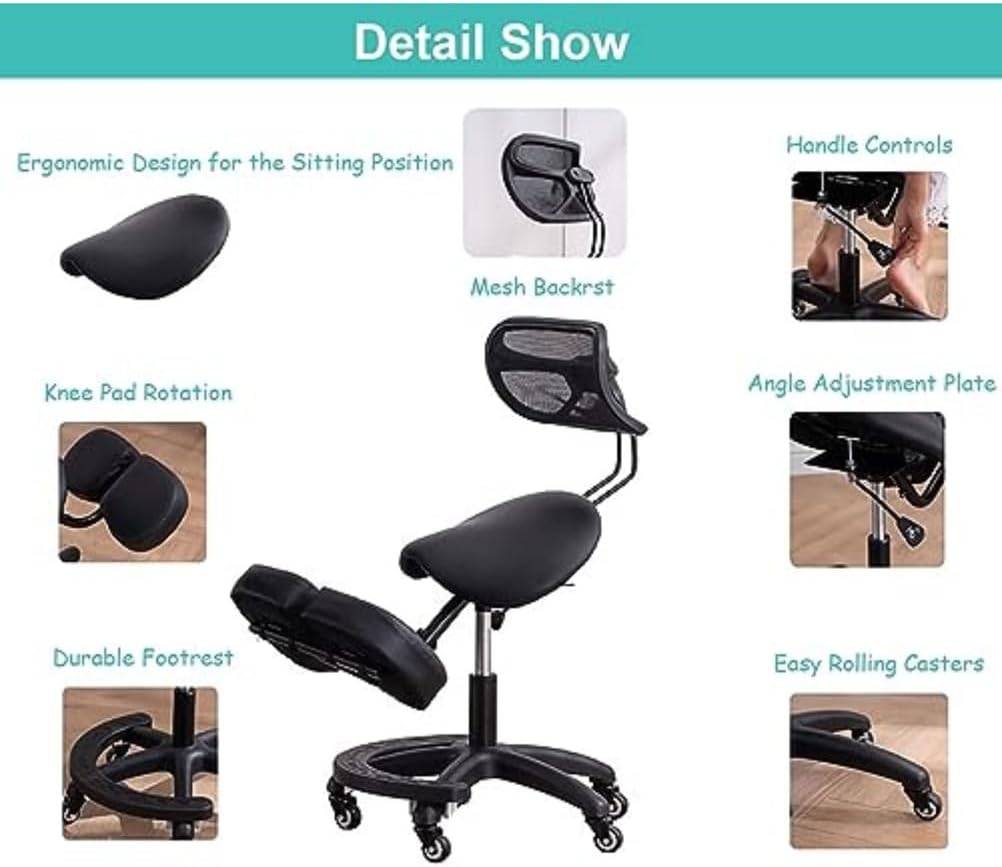 Ergonomic Kneeling Chair with Back Support - Knee Chair Ergonomic for Office w/Upholstered Fabric - Adjustable Rocking Stationary Correcting Stool, Meditation Desk Stool for Better Posture