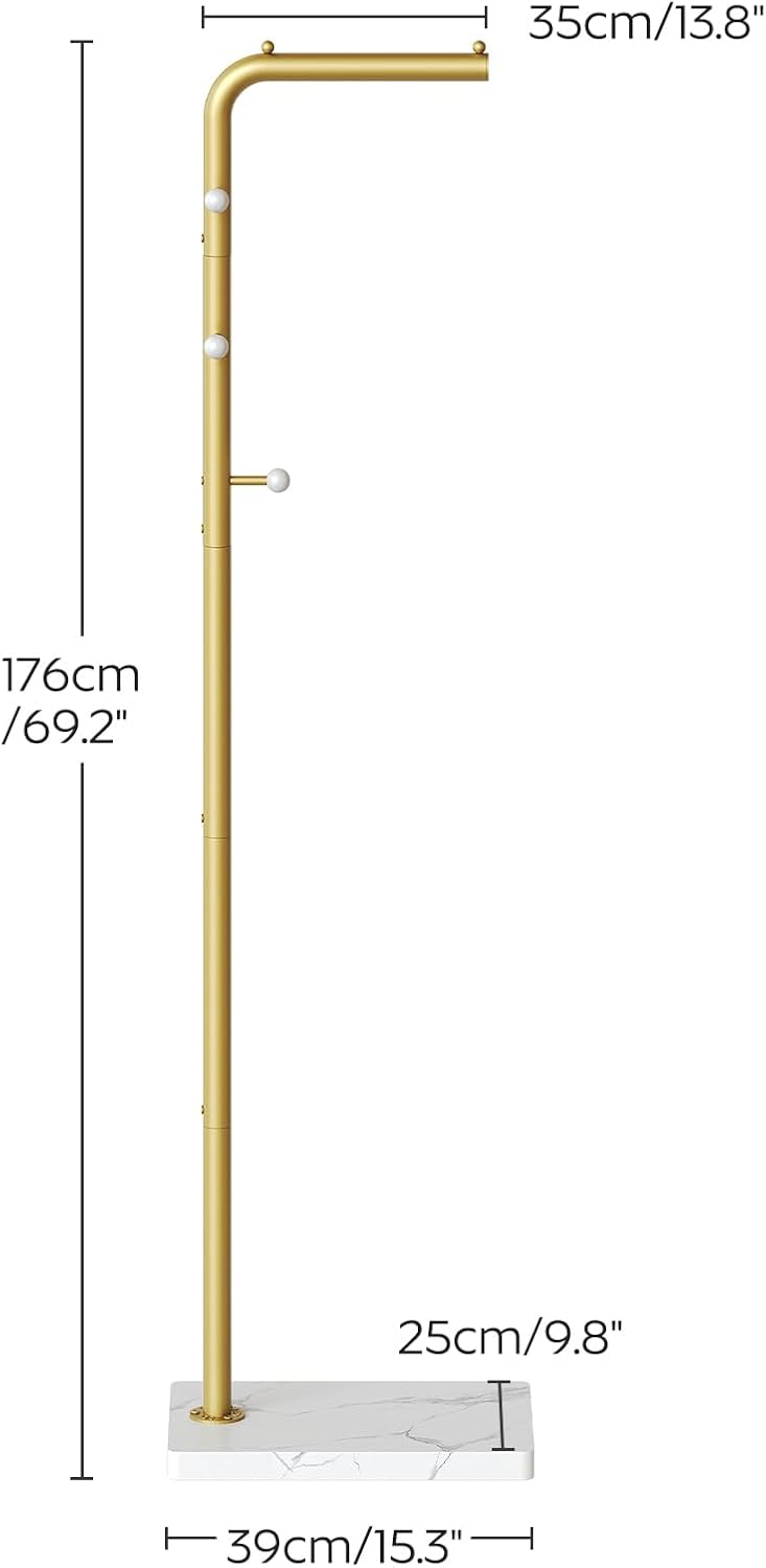 YATINEY L Shaped Glod Coat Rack, Metal Coat Tree, Modern Clothes Rack with 3 Hooks and Thickened Base, Floor Standing Coat Hanger Stand, for Entryway, Living Room, Cloakroom, Gold and White YM01DWY1