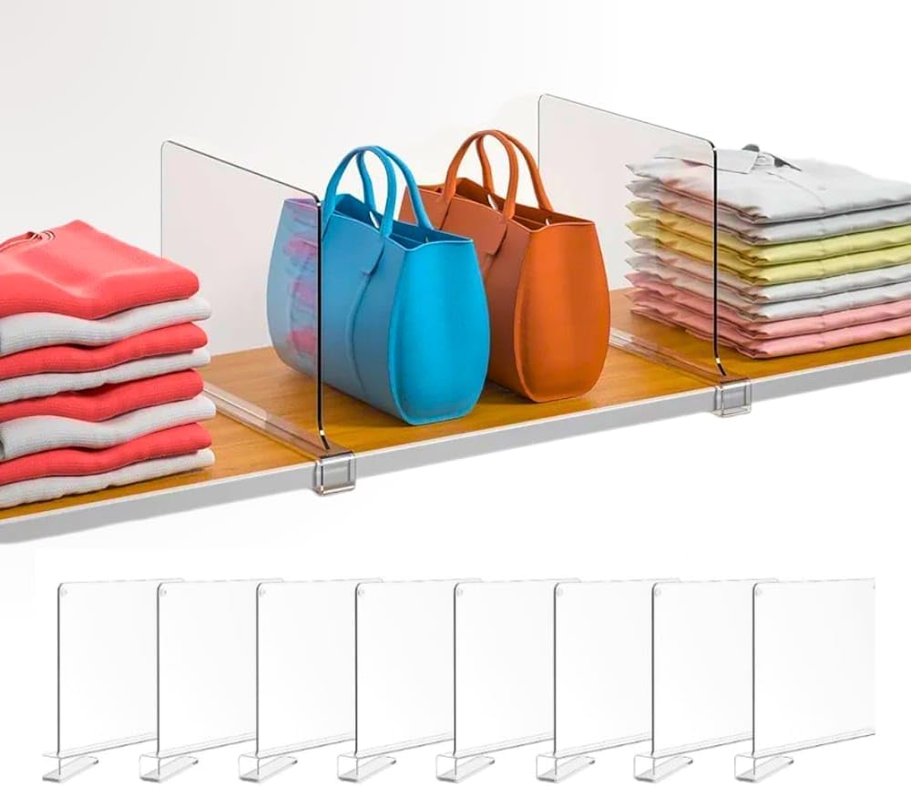 Acrylic Shelf Dividers 8 Pack – Heavy Duty Clear Shelf Dividers for Closets, Cabinets & Shelves – Closet Dividers for Clothing, Handbags & Home Organization