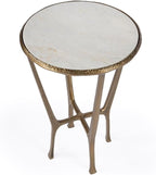 Beaumont Lane Transitional Side Table, 16" Round White Marble Top, Gold Aluminum Base with Hammered Detailing, Contemporary Accent Table for Living Room or Bedroom