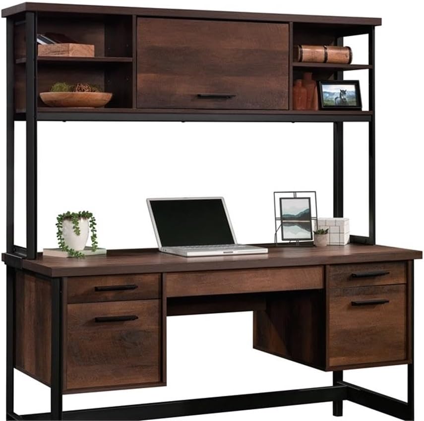 UrbanPro Engineered Wood and Metal Hutch, Barrel Oak Finish, 60 in Wide with Adjustable Shelves, Barrister-Style Door, Powder-Coated Frame, Durable Office or Home Storage