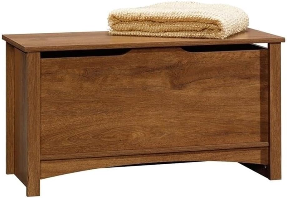 Pemberly Row Farmhouse Engineered Wood Storage Chest, Oiled Oak Finish, 35.25"W x 15.5"D x 18.88"H, Large Hidden Storage Area, Safety Lid Stay, Ventilated Design, Versatile Blanket Chest for Any Room