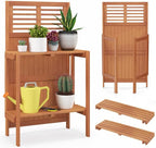 Foldable Wood Potting Bench 2-Tier Storage Shelves Teak Oil Finish Garden Balcony Yard Deck
