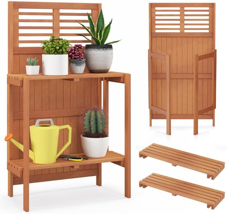 Foldable Wood Potting Bench 2-Tier Storage Shelves Teak Oil Finish Garden Balcony Yard Deck