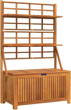 Brown Acacia Wood Outdoor Storage Box 39"x19.7"x63" with Trellis, Patio Bench for Tools/Cushions