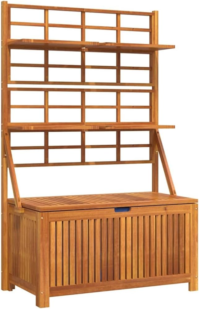 Brown Acacia Wood Outdoor Storage Box 39"x19.7"x63" with Trellis, Patio Bench for Tools/Cushions