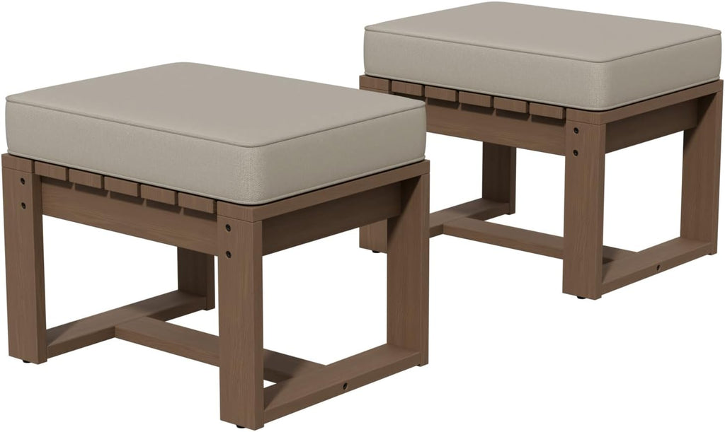COOS BAY Natural Cedar Outdoor Patio Ottomans with Removable Cushions, Set of 2, Real Wood Footrests for Deck, Porch, Balcony, and Backyard, Brownish/Beige