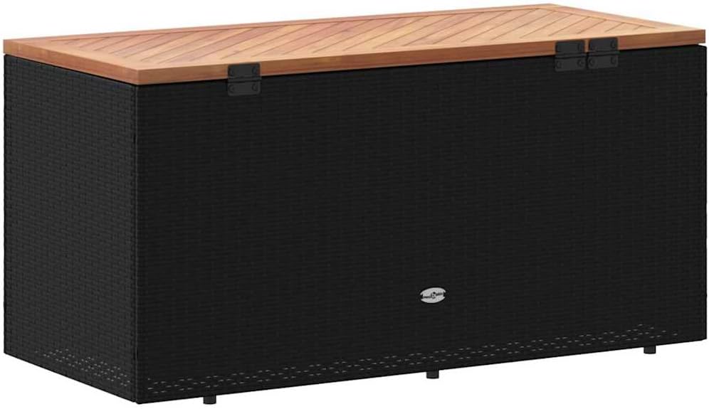 Patio Storage Box Black 43.3x19.7x21.3 Inches Poly Rattan Acacia Wood Garden Bench Seat with Waterproof Bag