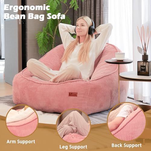 Giant Bean Bag Chair for Adults Teens and Kids, Cozy Fluffy Corduroy Beanbag Chair with Filler Large Floor Lounge Sofa for Living Room, Bedroom(L-Rose)
