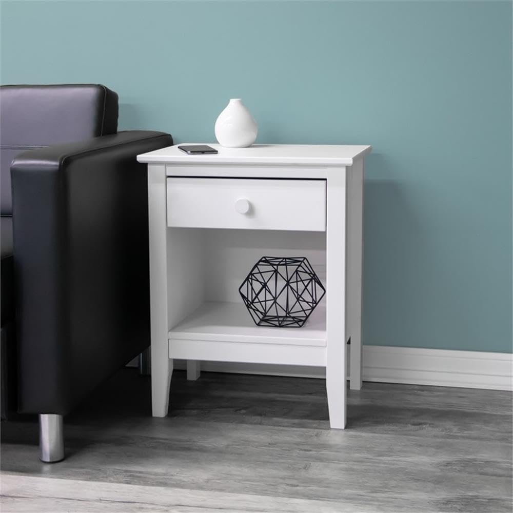 Pemberly Row White Solid Wood End Table/Nightstand, 17 x 13.75 x 25 in, Single Drawer with Cubby, Eco-Friendly Pine Wood, Decorative Handle, Compact Accent Table for Bedroom or Living Room