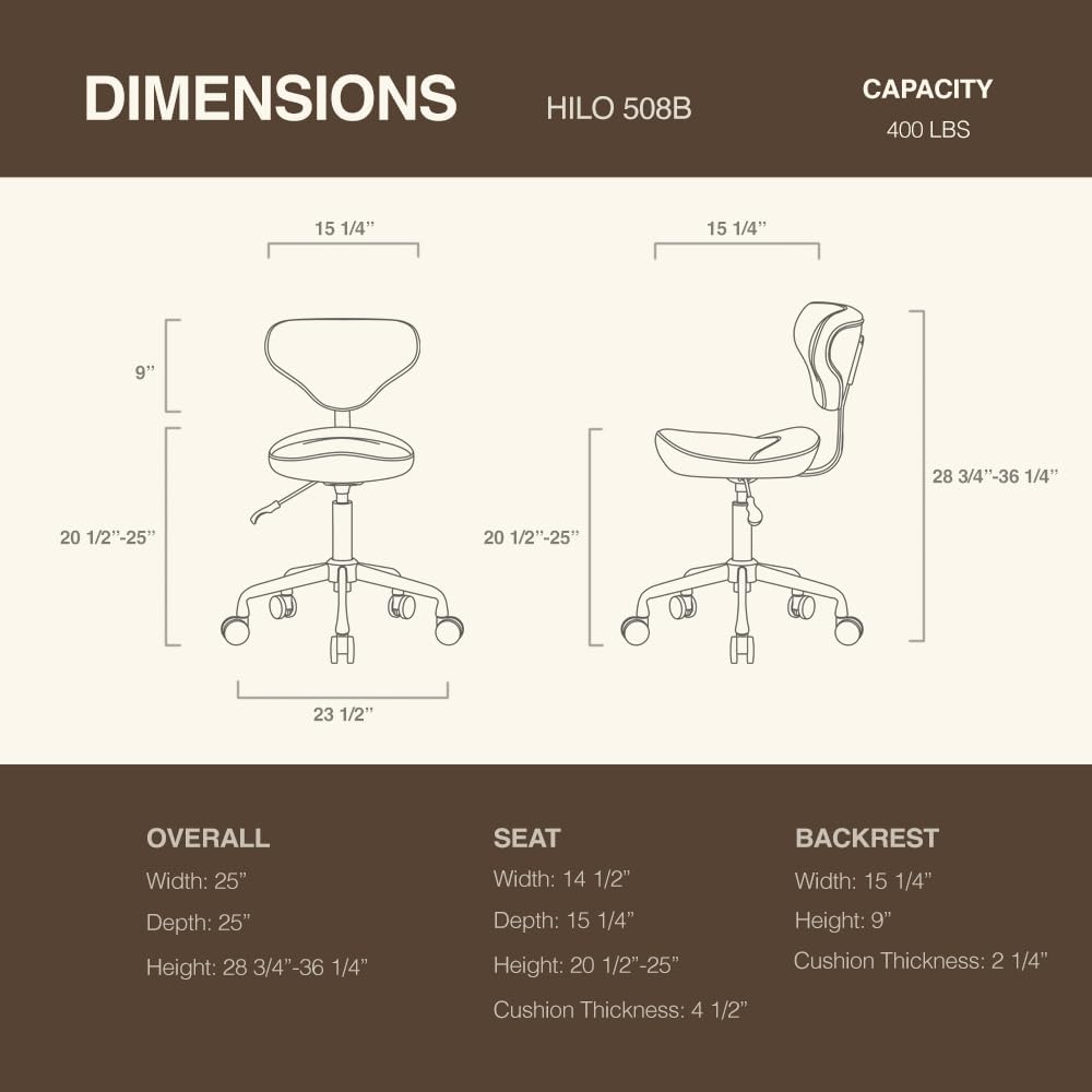 Ergonomic Saddle Seat Adjustable Pneumatic Hydraulic Drafting Swivel Rolling Stool Chair for Medical Hygienic SPA Massage Salon Home and Office - Hilo 508 (Tan, with Backrest)
