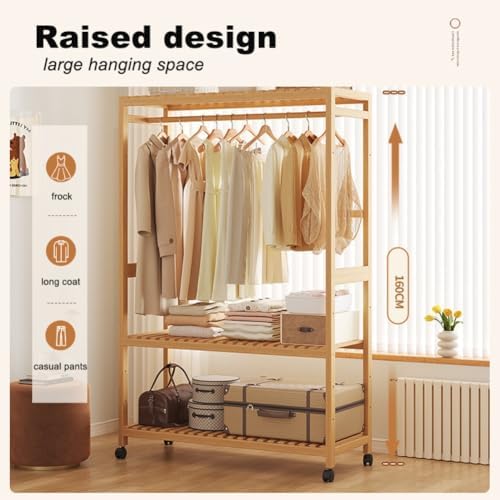 Wooden Clothes Rack with Shelves, Free Standing Bamboo Wardrobe on Wheels, Open Wardrobes for Bedroom, Versatile Garment Rail, Stylish Storage Solution