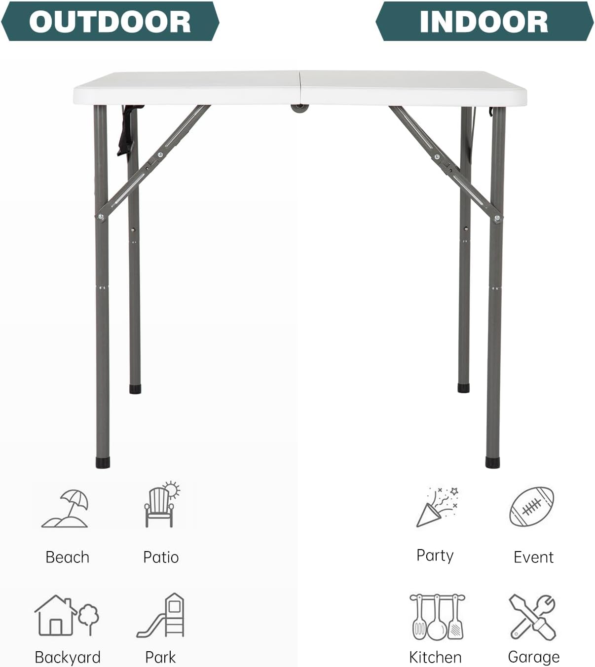 FDW 34" Square Outdoor Dining Table, Foldable Portable Plastic Folding Card Table with Built in Carrying Handle and Height Adjustable for Party and Wedding Use, White