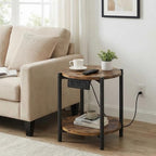 LIKIMIO Round End Table with Charging Station, 15.8" Side Table for Small Spaces, 2-Tier Industrial Nightstand with 77 lbs Load Capacity, Rustic Brown