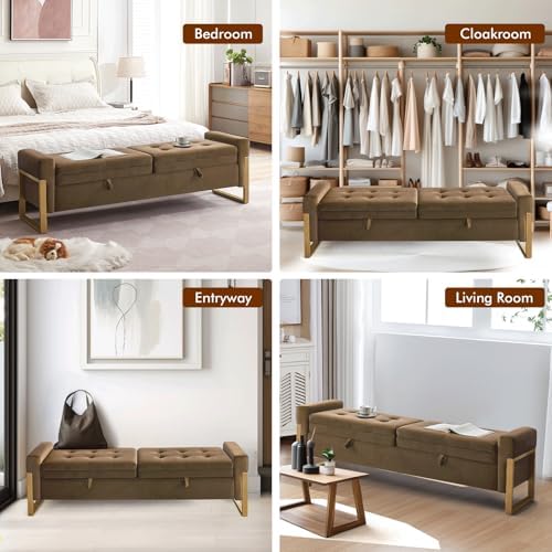 67" End of Bed Bench King Size, Velvet Storage Bench for Bedroom Foot of Bed, Double Lids Storage Bench with Golden Legs, Upholstered Ottoman Bench for Living Room Window Entryway, Brown