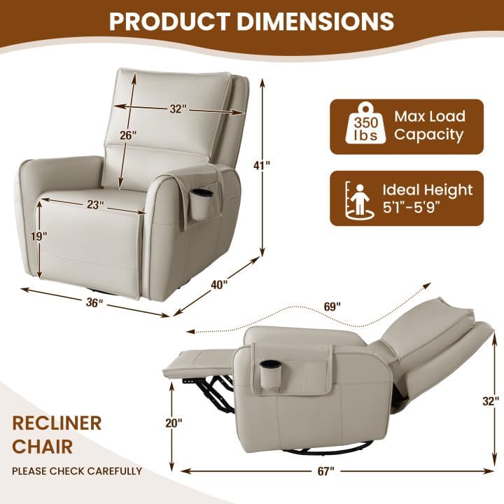 Power Swivel Rocking Recliner- Glider Rocking Chair for Adult - Nursery Glider for Breastfeeding,Quiet Motor, Faux Leather - Swivel Recliner for Living Room, Nursery (Khaki)