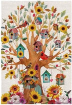 Welcome spring summer sunflower outdoor house flag, bird double sided Burlap fall flag 28x40 Inch, seasonal farmhouse vacation outdoor decoration
