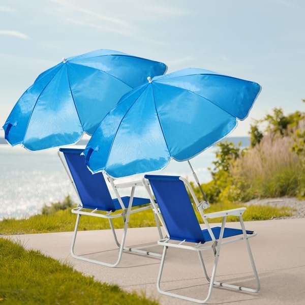 Kids Outdoor Folding Beach Chair Set with Parasol, Blue, Suitable for Camping, Lawn, Concert