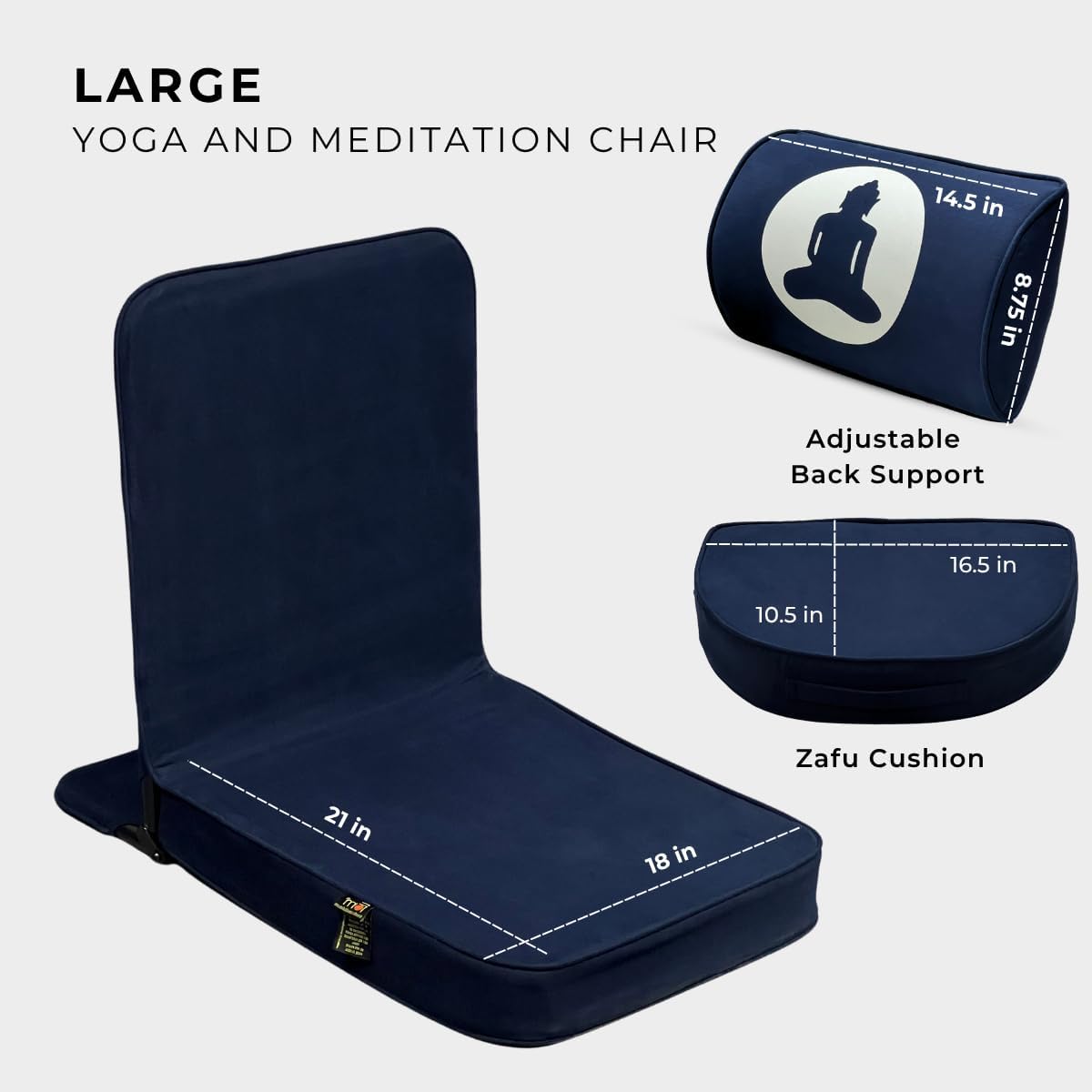 Friends Of Meditation 4-in-1 Folding Buddha Chair – Ergonomic Yoga Seat with Half-Moon Zafu, Detachable Lumbar Support & Carry Case – Navy Blue