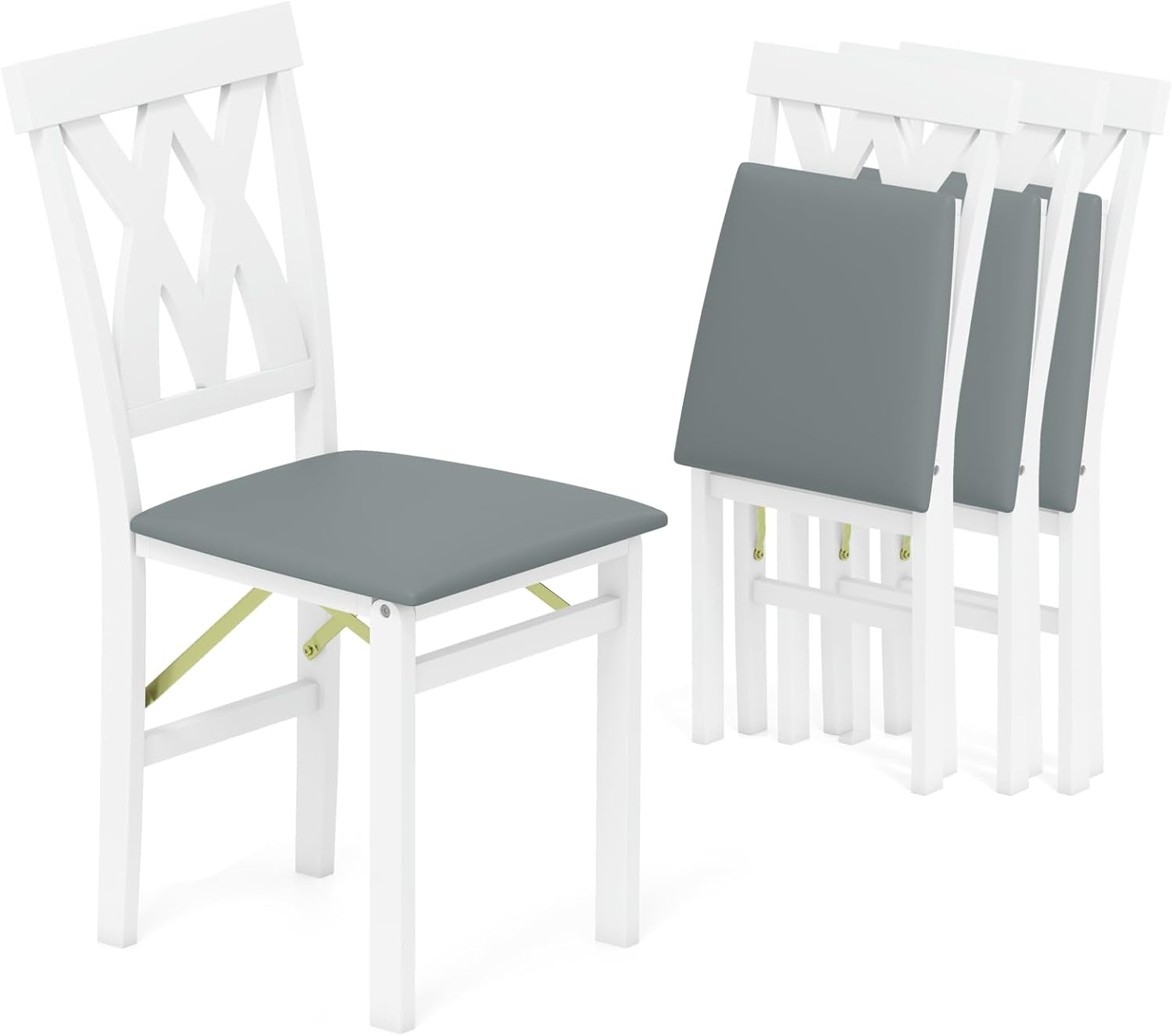 GOFLAME Folding Dining Chairs Set of 4, Foldable Kitchen Chairs with PVC Leather Padded Seat and Rubber Wood Frame, Elegant Hollowed Backrest, Wooden Dinner Chair Set for Dining Room, White