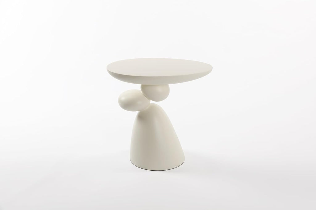 Modern Coffee End Table with Lucky Stone Design, Minimalist Fiberglass Small Side Table, Unique Pedestal Corner Sofa Tables, Home Decor for Living Room Bedroom Office, Milk White