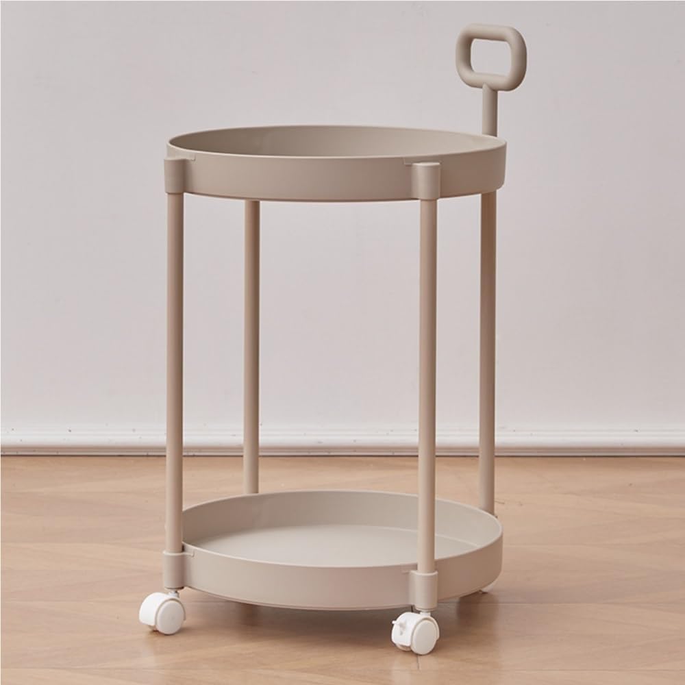 Sofa Side Table, Decorative Table with Universal Wheels, Metal Frame Coffee Table, 2-Tier Round Table, Trolley with Handle for Living Room, Balcony, Small Space(Brown)