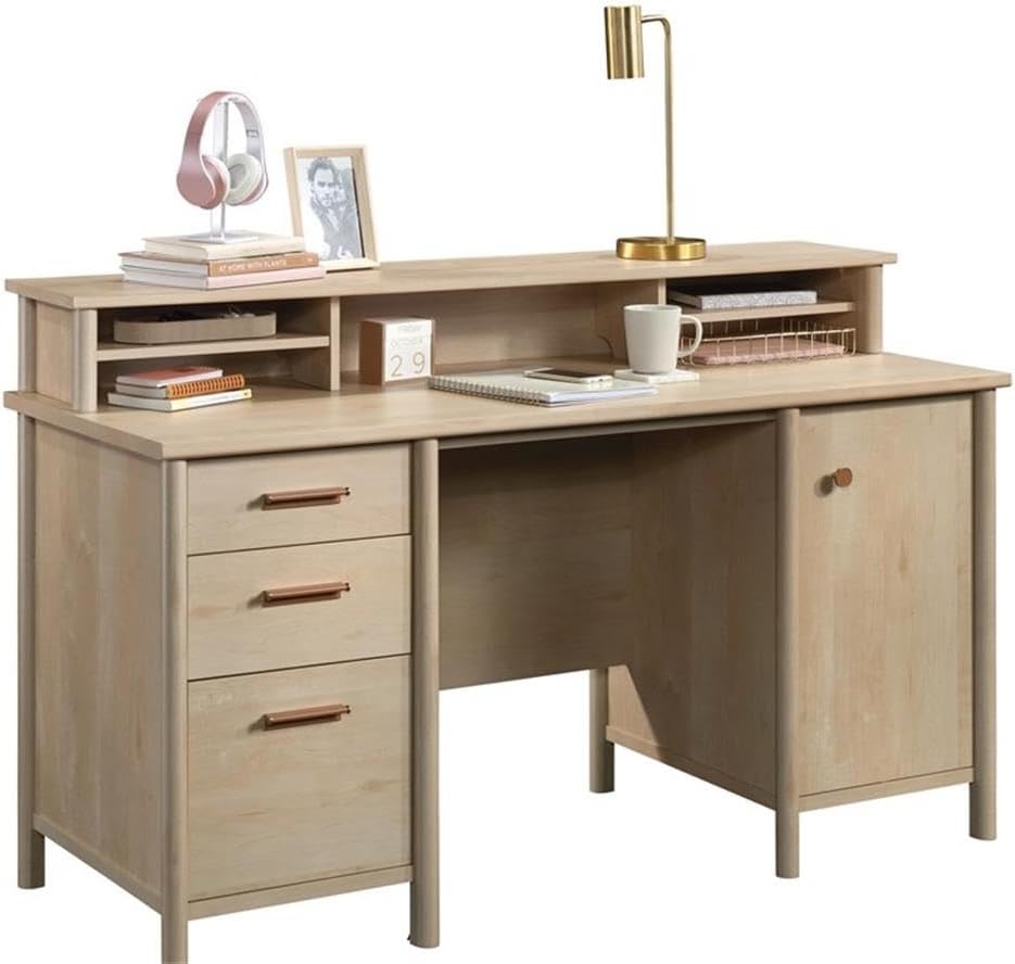 Pemberly Row Engineered Wood Organizer Hutch, 59 in Wide, Natural Maple Finish, Adjustable Shelves with Cubby Storage, Desktop Office Shelf for Home Office or Study Room