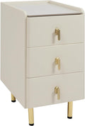 Narrow Nightstand with 3 Drawers, PU Bedside Cabinet, Simple Bedside Table Furniture, End Table with Metal Legs for Bedroom, Living Room (Cream White)
