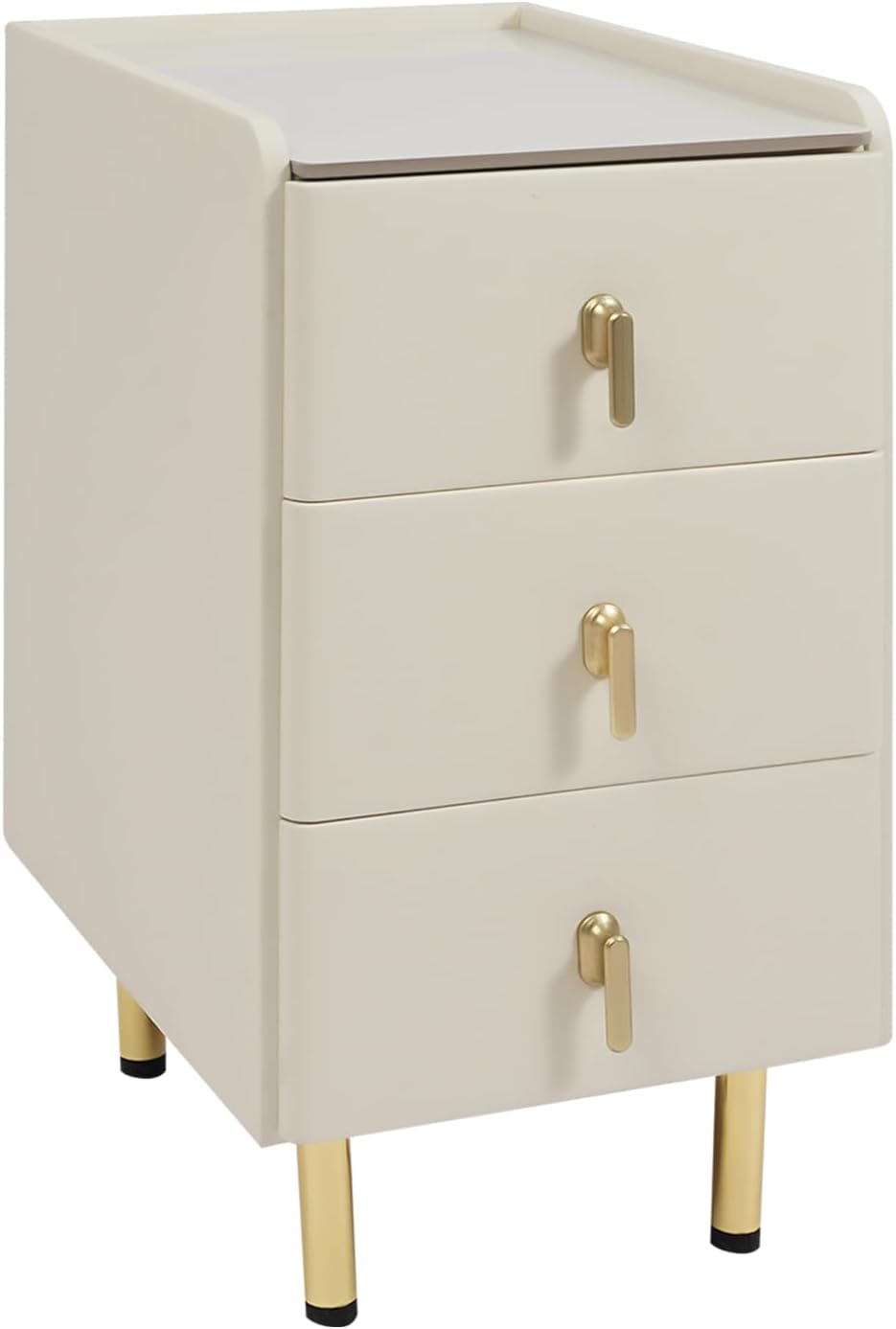Narrow Nightstand with 3 Drawers, PU Bedside Cabinet, Simple Bedside Table Furniture, End Table with Metal Legs for Bedroom, Living Room (Cream White)