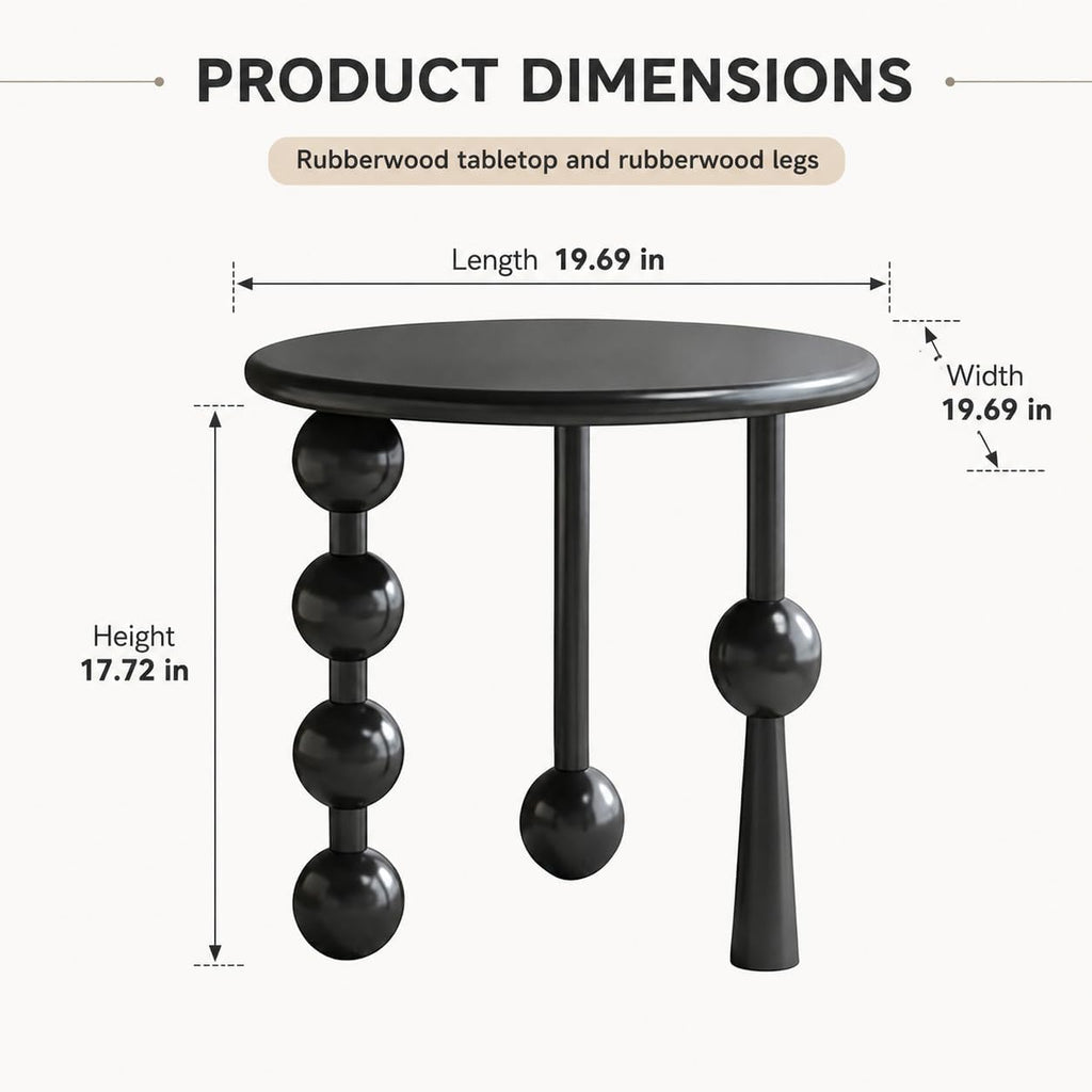 Modern Round Side Table for Living Room, 19.69" Solid Wood Side Table, Sofa Side Bedside Table with Funny Wood Globe Legs, Round Coffee End Table,(Black)