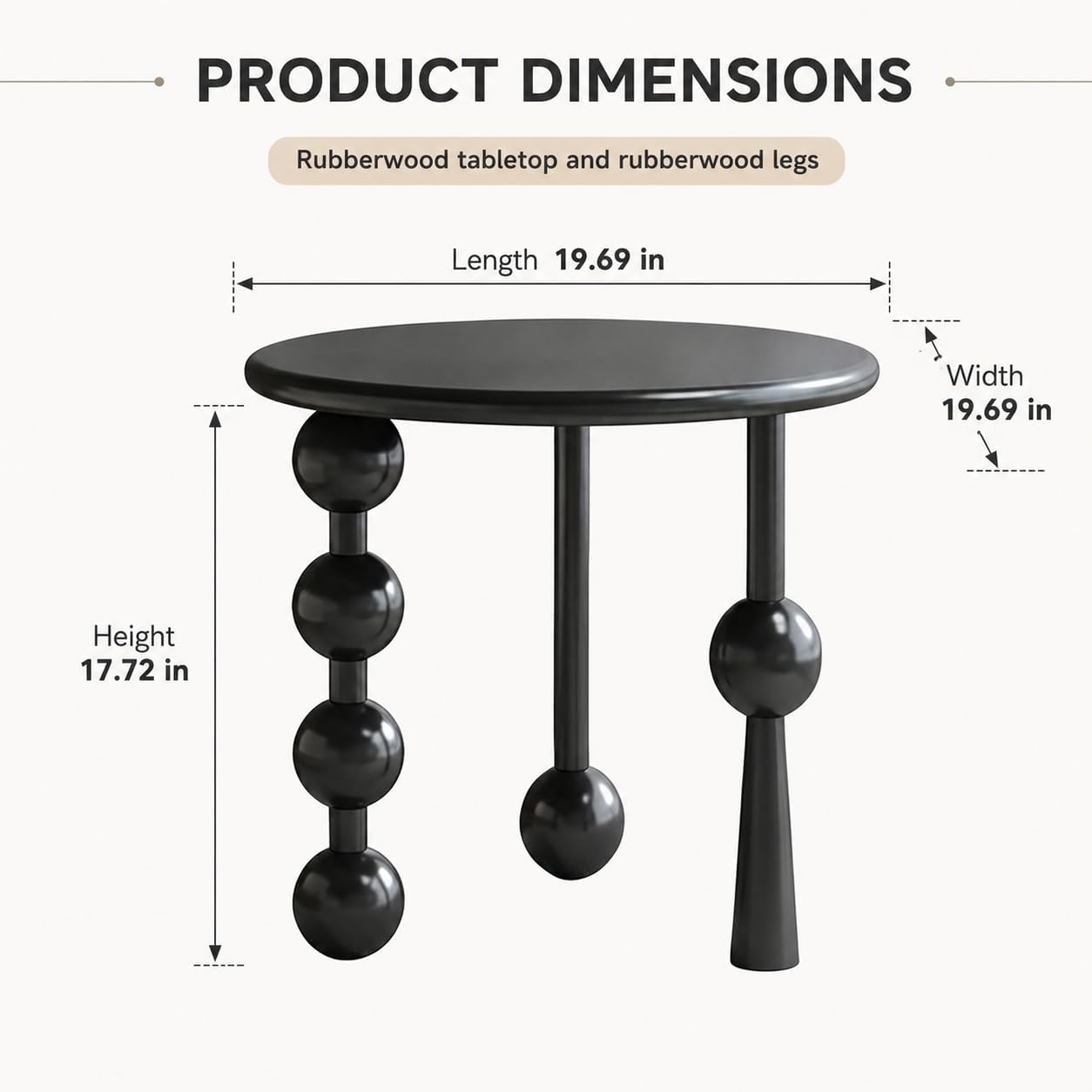 Modern Round Side Table for Living Room, 19.69" Solid Wood Side Table, Sofa Side Bedside Table with Funny Wood Globe Legs, Round Coffee End Table,(Black)