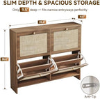 Nicetree Shoe Cabinet Storage for Entryway, 4-Flip Drawer Narrow Shoe Rack with Adjustable Shelves, Boho Modern Square Rattan Shoe Organizer, Slim Wood Storage Cabinets for Small Spaces Fits Size 13.5