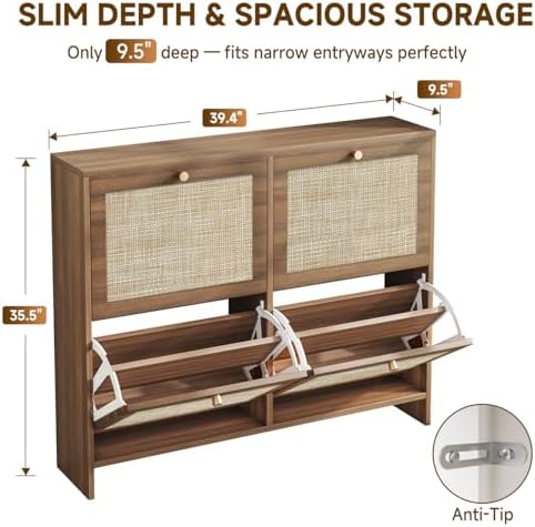 Nicetree Shoe Cabinet Storage for Entryway, 4-Flip Drawer Narrow Shoe Rack with Adjustable Shelves, Boho Modern Square Rattan Shoe Organizer, Slim Wood Storage Cabinets for Small Spaces Fits Size 13.5