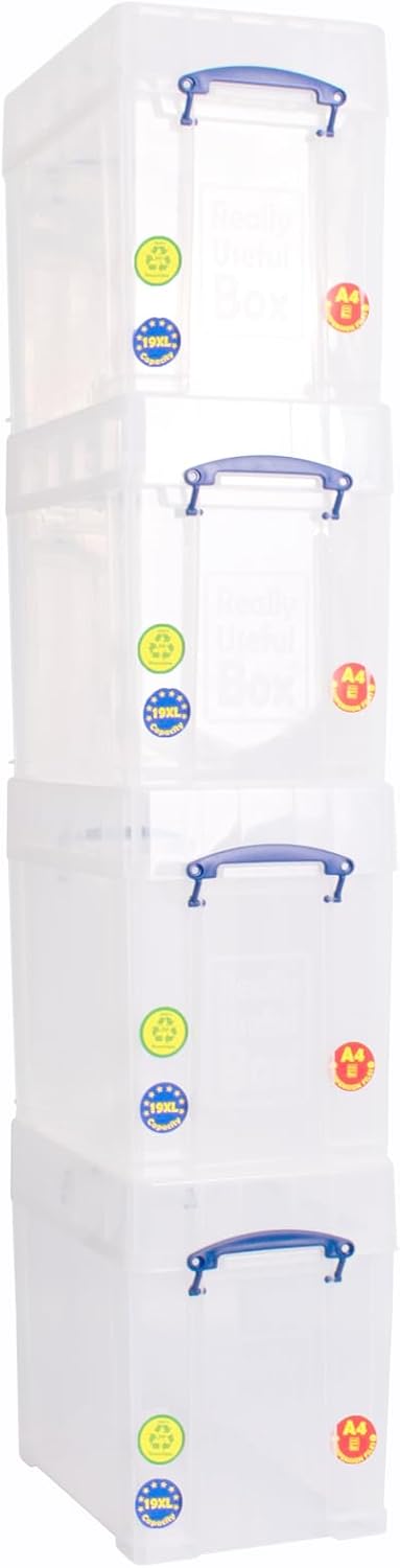 Really Useful Box Plastic Storage 19 Litre With XL Lid Clear (Pack Of 4)
