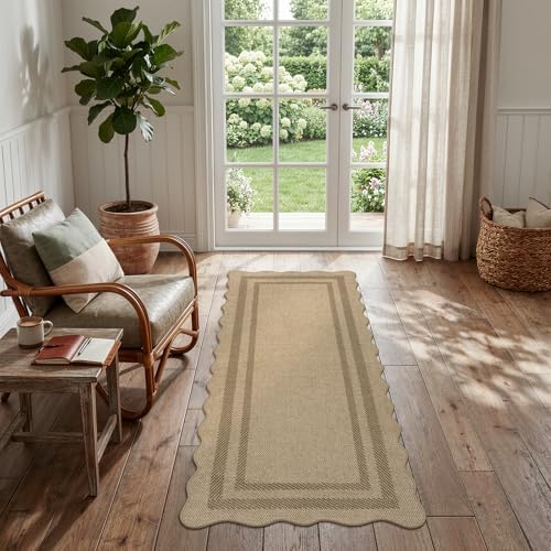 LIVEBOX Scalloped Easy Jute 2x5 Runner Kitchen Rug, Washable Non Slip Tan Rugs for Entryway Hallway, Indoor Outdoor Rug Geometric Farmhouse Carpet Door Mat Runners for Porch Bedroom Laundry Room