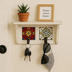 Bohemian Wall Shelf with Hooks, White Rustic Floating Shelf, Decorative Storage Shelf with Floral Tile Accents for Entryway Bedroom Bathroom, 2-Hook Wall Organizer