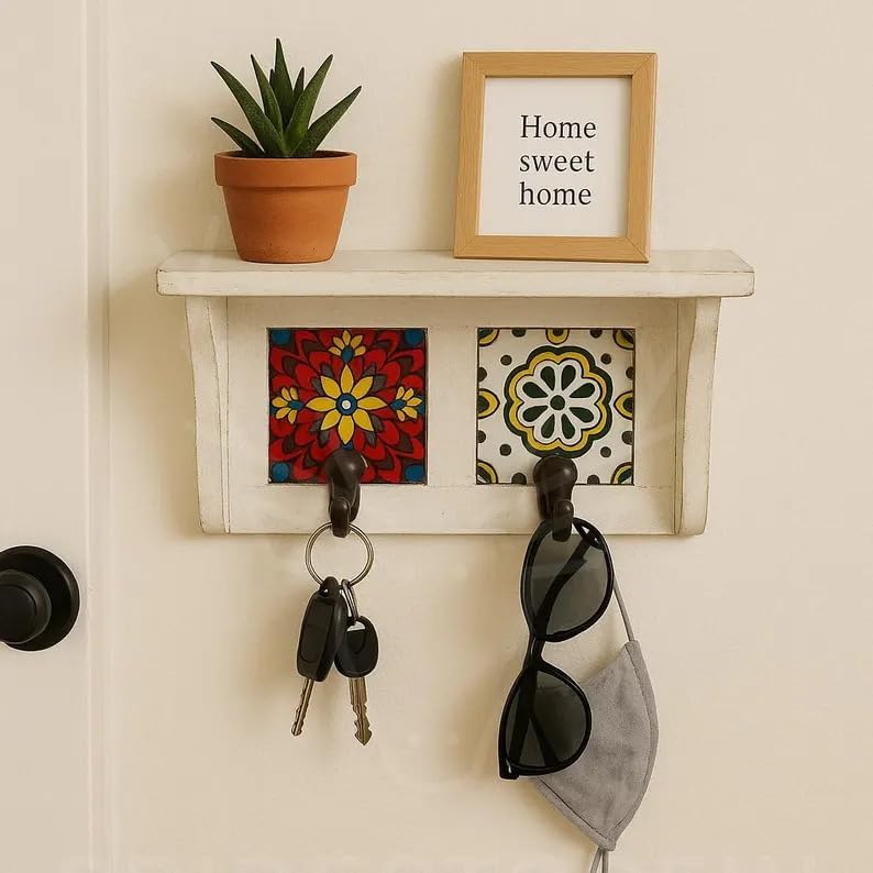Bohemian Wall Shelf with Hooks, White Rustic Floating Shelf, Decorative Storage Shelf with Floral Tile Accents for Entryway Bedroom Bathroom, 2-Hook Wall Organizer