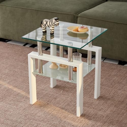 Tempered Glass Coffee Table Set of 3 Coffee Table and End Tables Set,Living Room Tables Set,Coffee Table & Side Table Set of 2,Glass Table Top,Metal Legs (White)