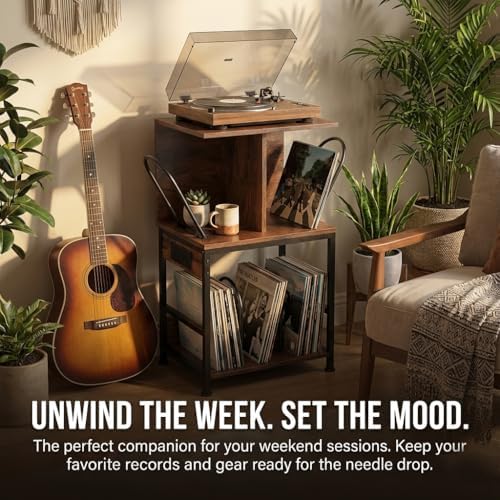 Record Player Stand with Vinyl Storage, Large Record Table Holds 180 Albums, Vinyl Record Storage Stand with USB Charger, Multi-Functional Side Table & Shelf for Living Room Bedroom