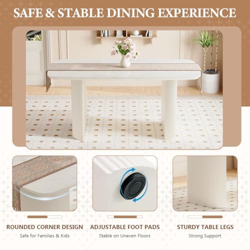 TesNus White Dining Table Set for 6, 67" Modern Marble Dining Table Set for Family Dining Room, Cream White Oval Table Set with Beveled 3.5" Top & Roman Column Pedestal Base, Easy 4-Screw Assembly